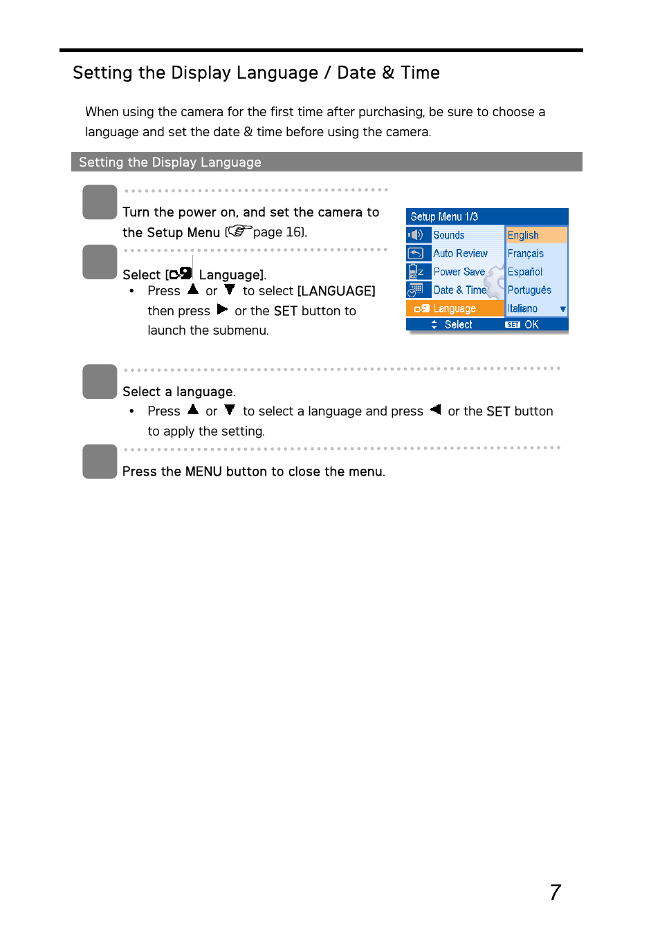 Setting the display language / date & time | AGFA Graphite DC-730i User Manual | Page 12 / 61