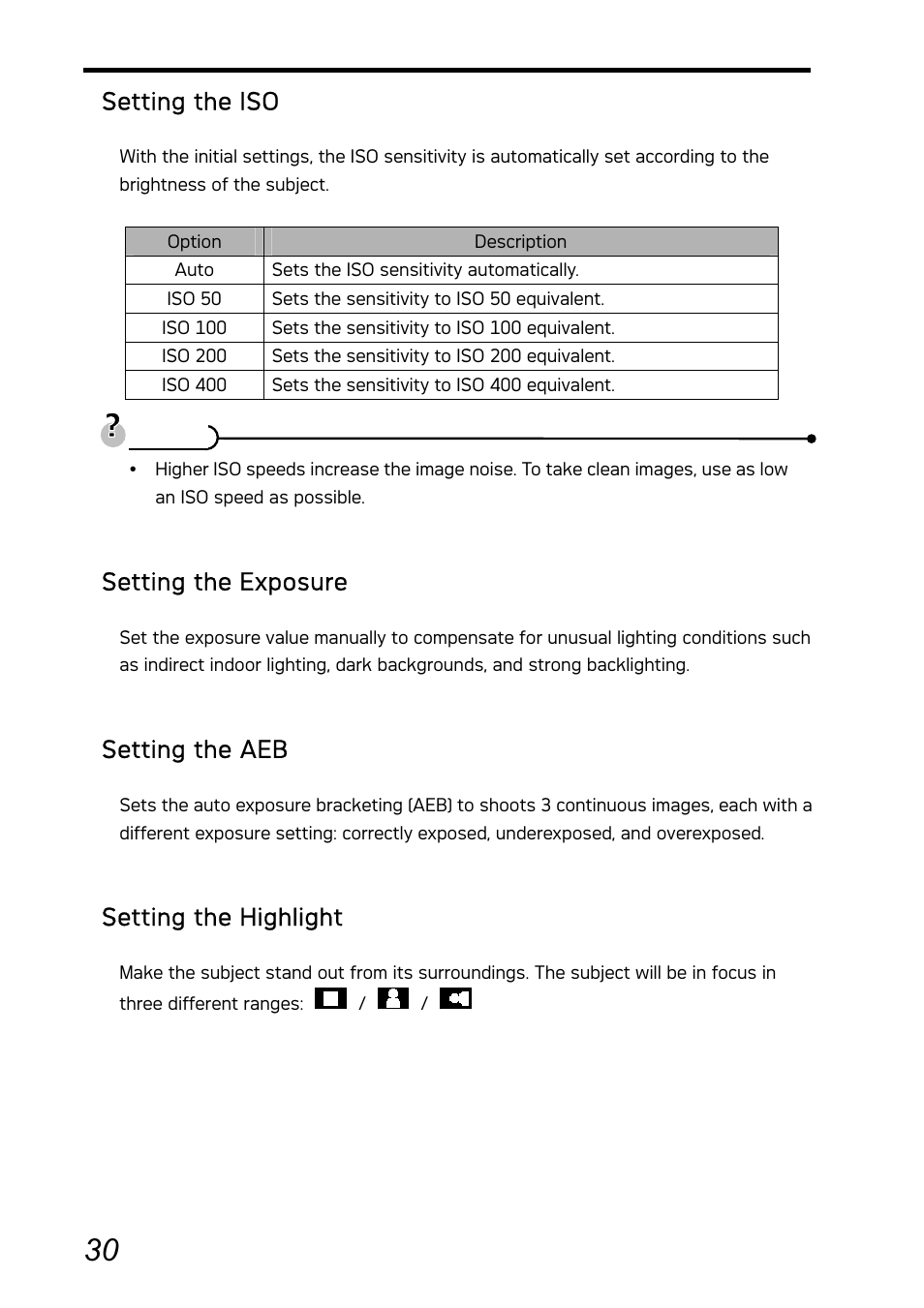 Setting the iso, Setting the exposure, Setting the aeb | Setting the highlight | AGFA Graphite DC-730i User Manual | Page 35 / 61