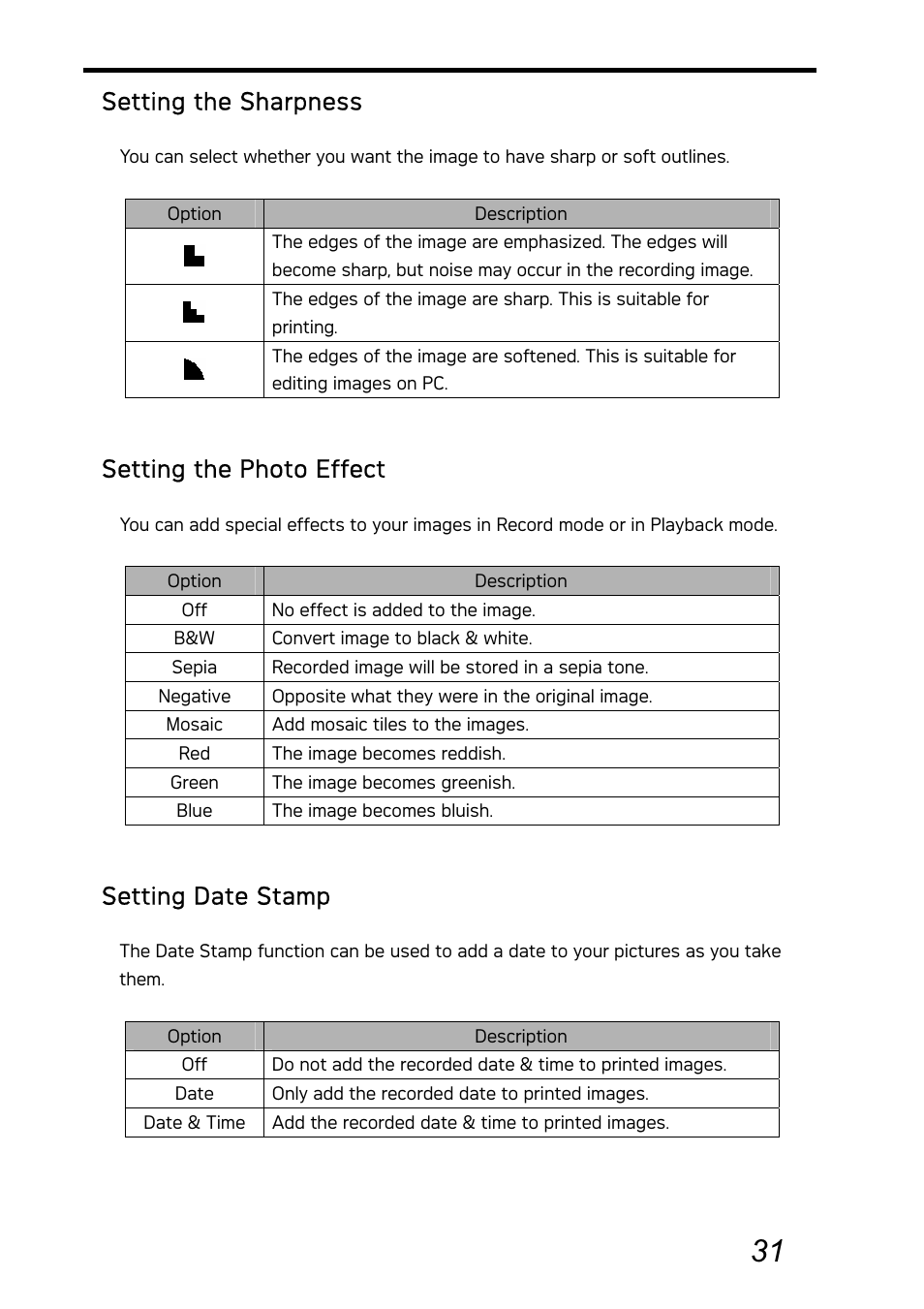 Setting the sharpness, Setting the photo effect, Setting date stamp | AGFA Graphite DC-730i User Manual | Page 36 / 61