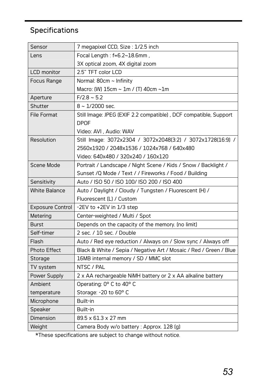 Specifications | AGFA Graphite DC-730i User Manual | Page 58 / 61