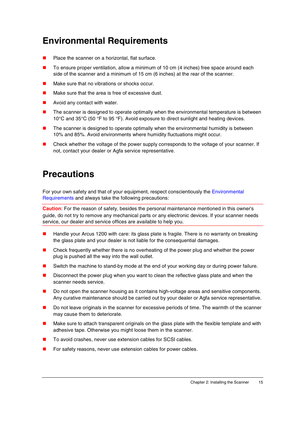 Environmental requirements, Precautions | AGFA 1200 User Manual | Page 15 / 47