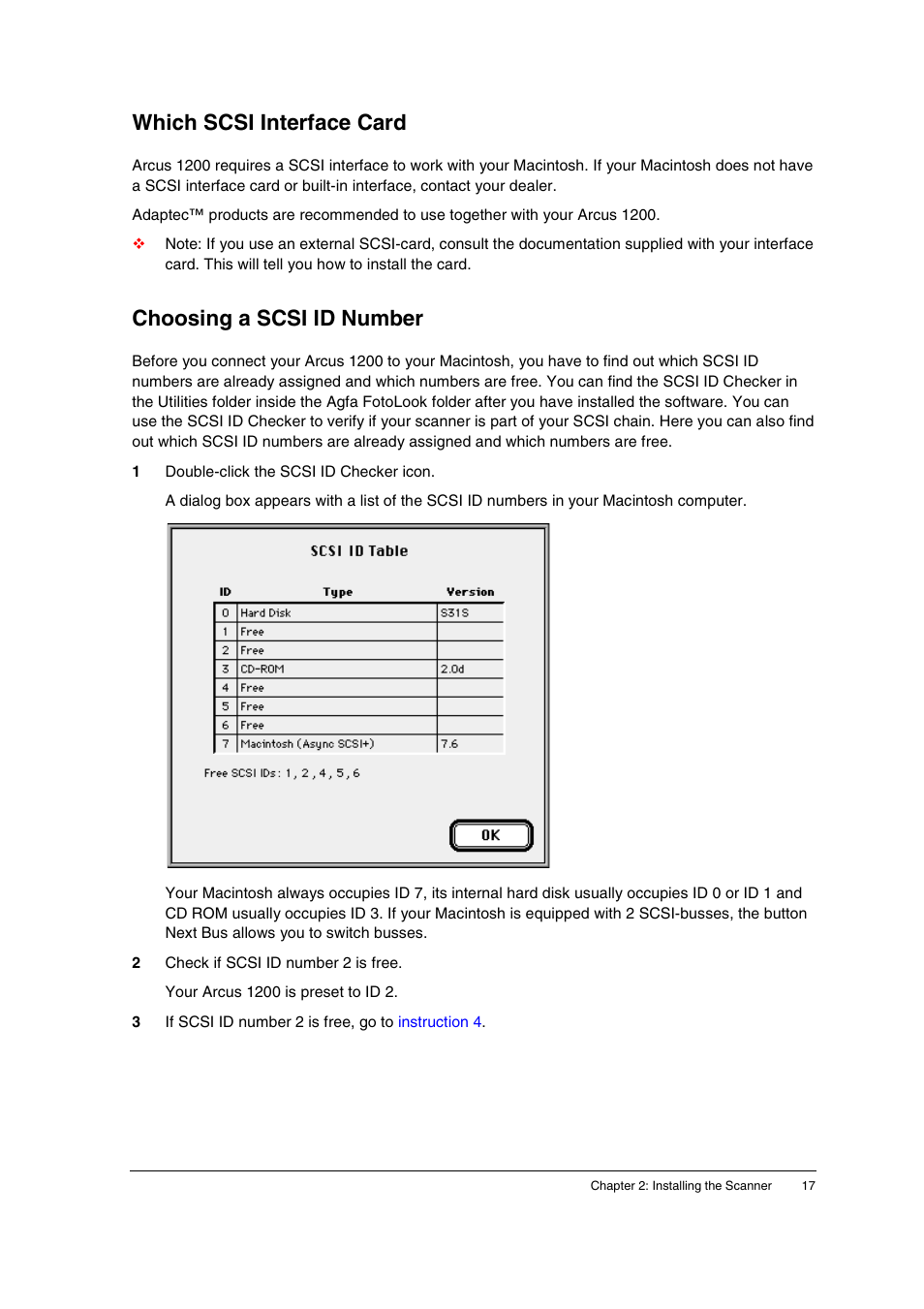 Which scsi interface card, Choosing a scsi id number | AGFA 1200 User Manual | Page 17 / 47