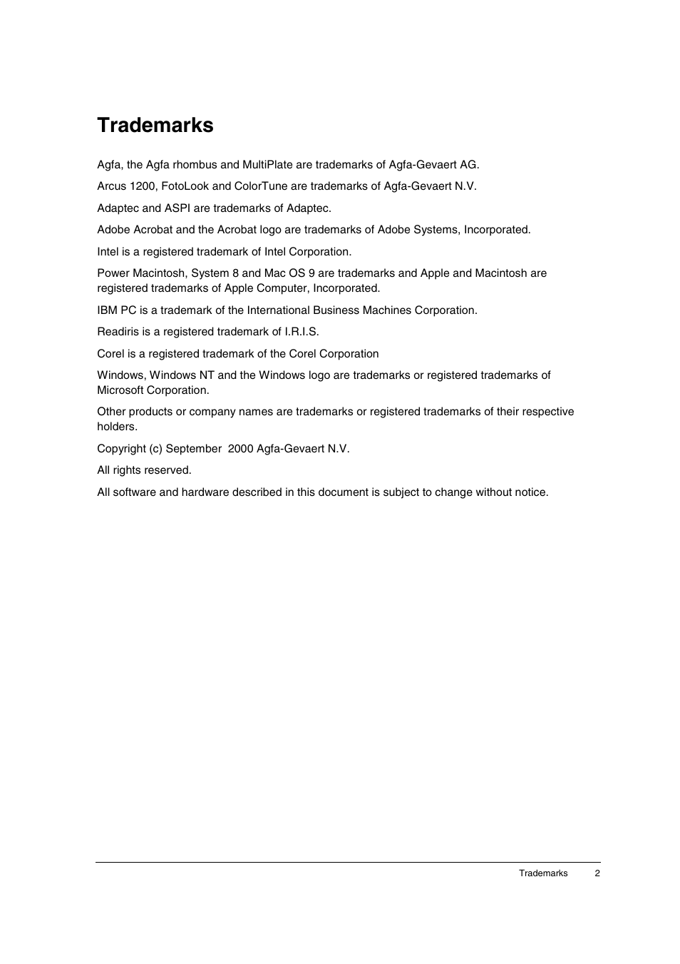 Trademarks | AGFA 1200 User Manual | Page 2 / 47