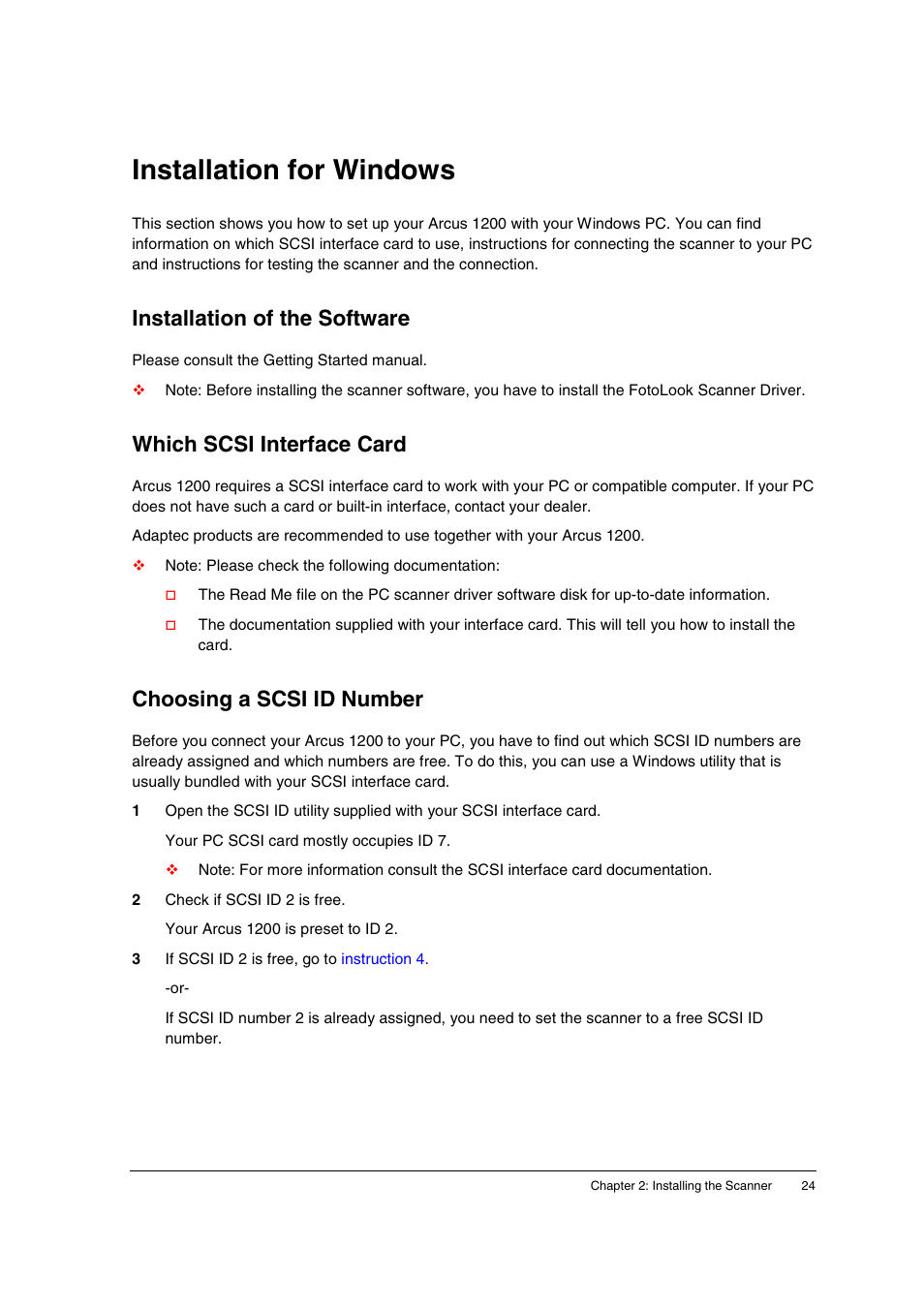 Installation for windows, Installation of the software, Which scsi interface card | Choosing a scsi id number | AGFA 1200 User Manual | Page 24 / 47