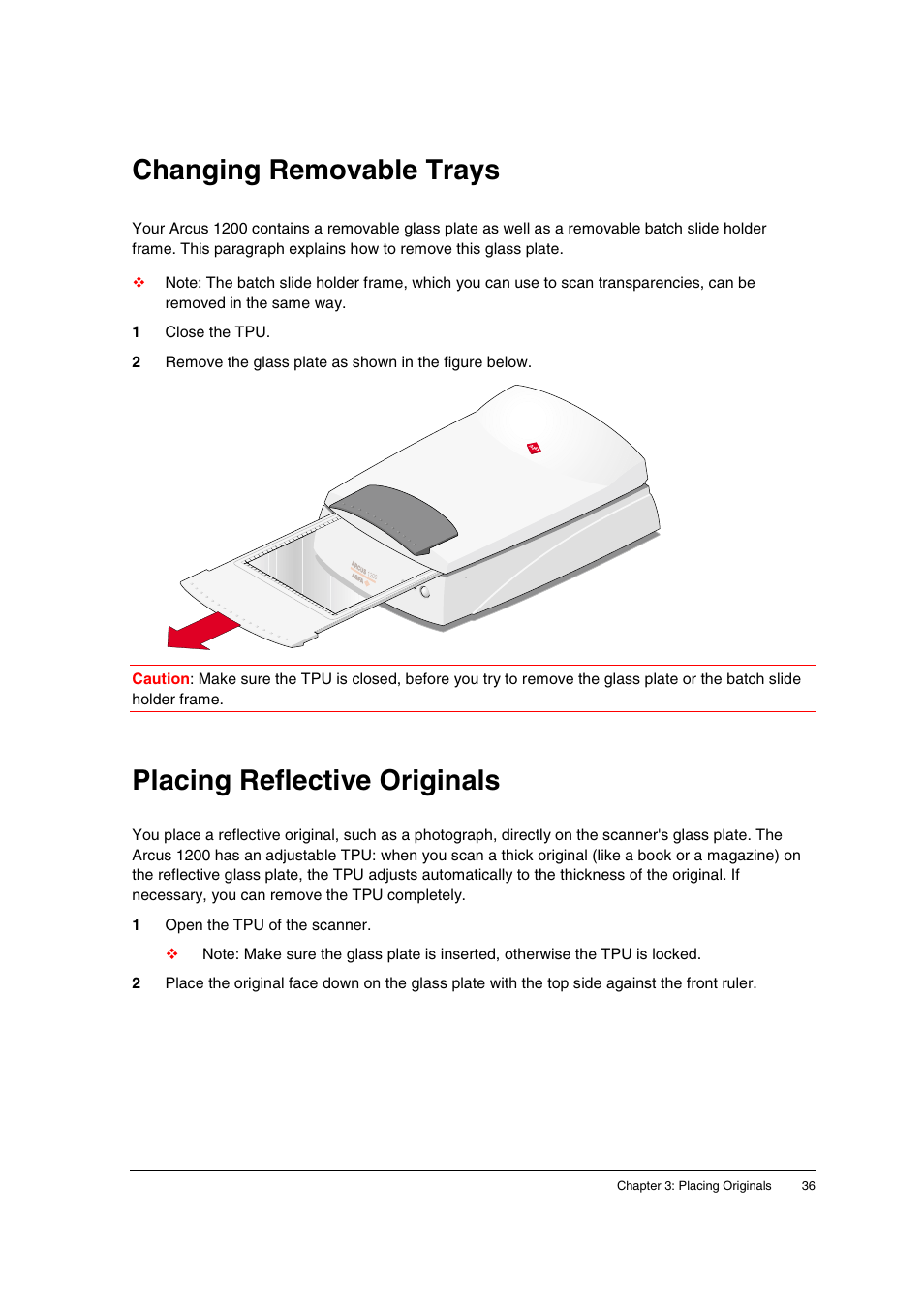 Changing removable trays, Placing reflective originals | AGFA 1200 User Manual | Page 36 / 47
