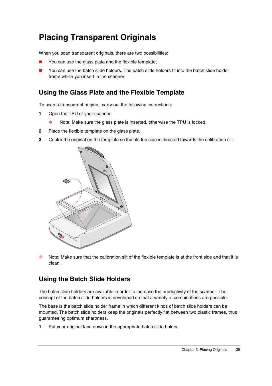 Placing transparent originals, Using the glass plate and the flexible template, Using the batch slide holders | AGFA 1200 User Manual | Page 38 / 47