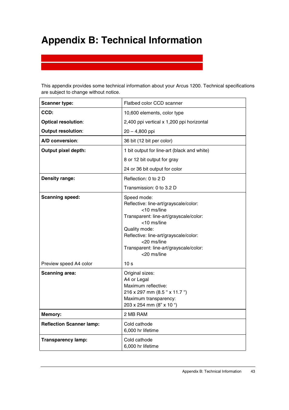 Appendix b: technical information | AGFA 1200 User Manual | Page 43 / 47