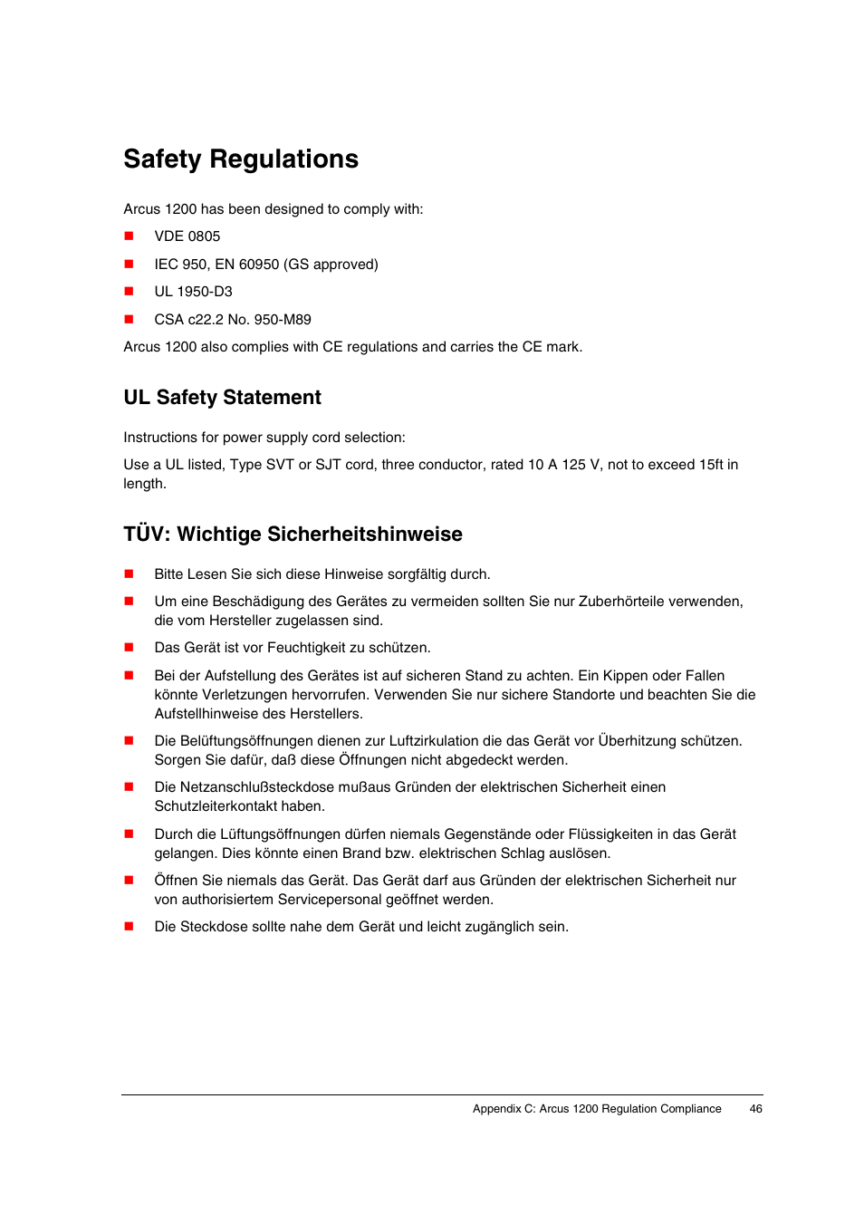 Safety regulations, Ul safety statement, Tüv: wichtige sicherheitshinweise | AGFA 1200 User Manual | Page 46 / 47