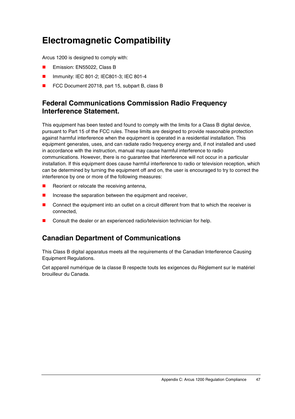 Electromagnetic compatibility, Canadian department of communications | AGFA 1200 User Manual | Page 47 / 47