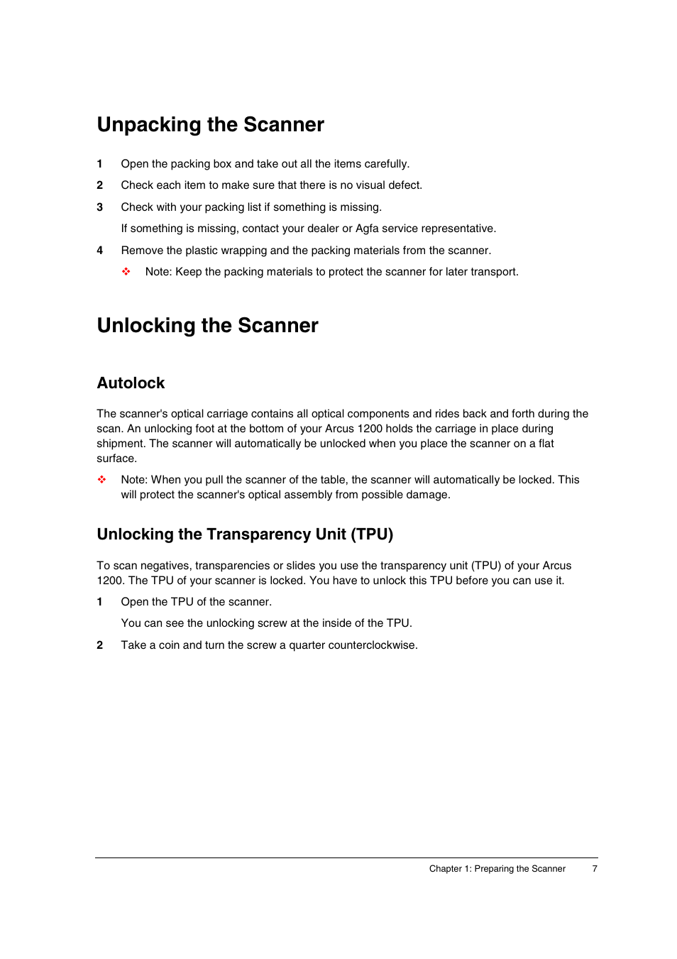 Unpacking the scanner, Unlocking the scanner, Autolock | Unlocking the transparency unit (tpu) | AGFA 1200 User Manual | Page 7 / 47