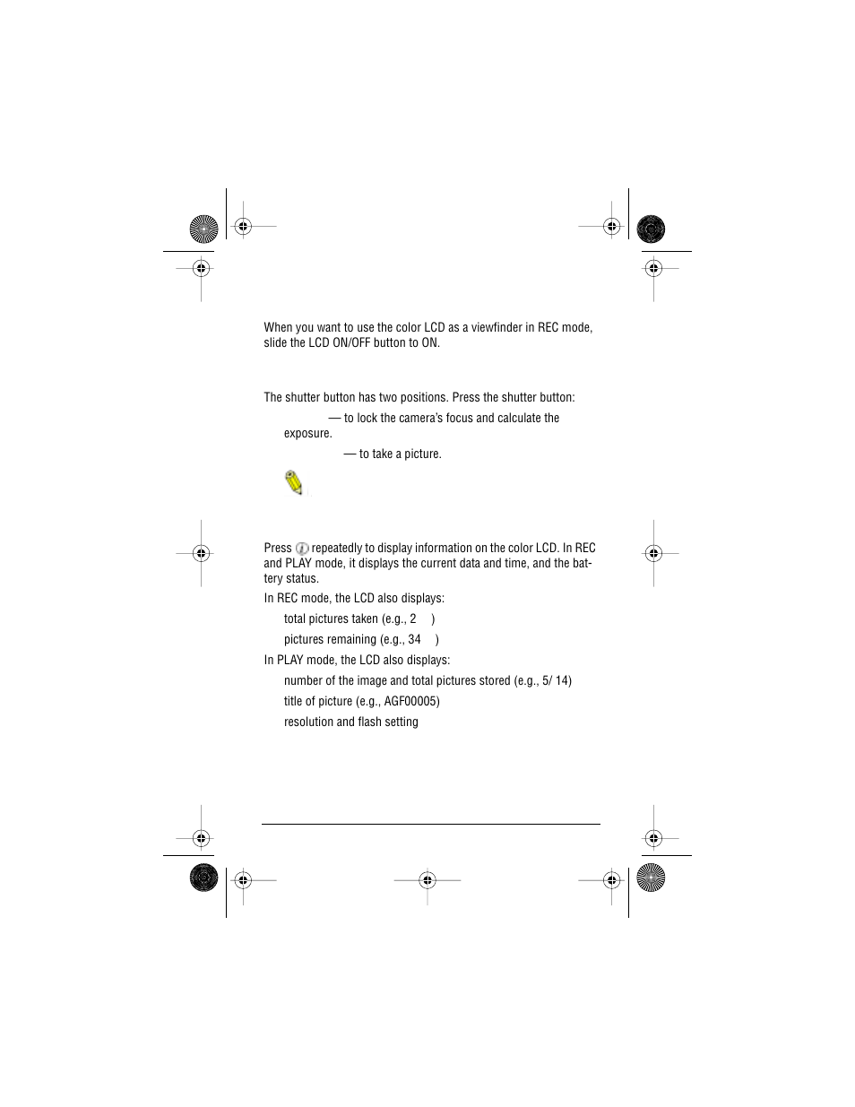 Lcd on/off switch, Shutter button, Information button | AGFA ePhoto CL50 User Manual | Page 13 / 55