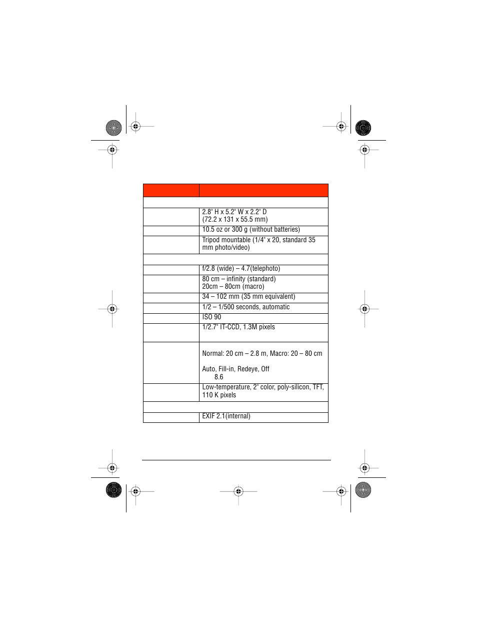 Camera specifications | AGFA ePhoto CL50 User Manual | Page 52 / 55