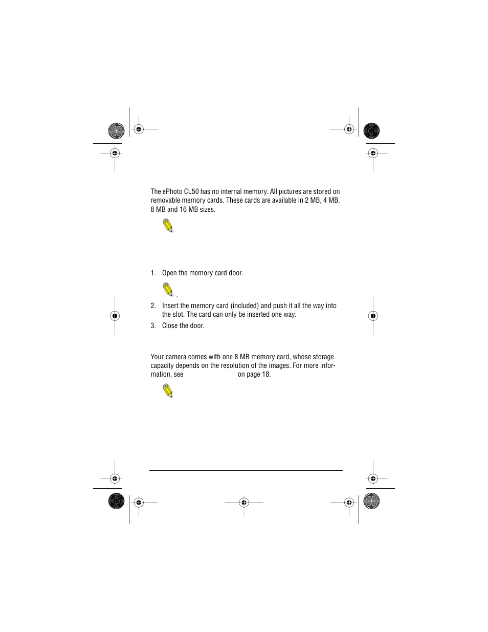 Memory cards, Inserting a memory card, Memory card capacity | AGFA ePhoto CL50 User Manual | Page 9 / 55