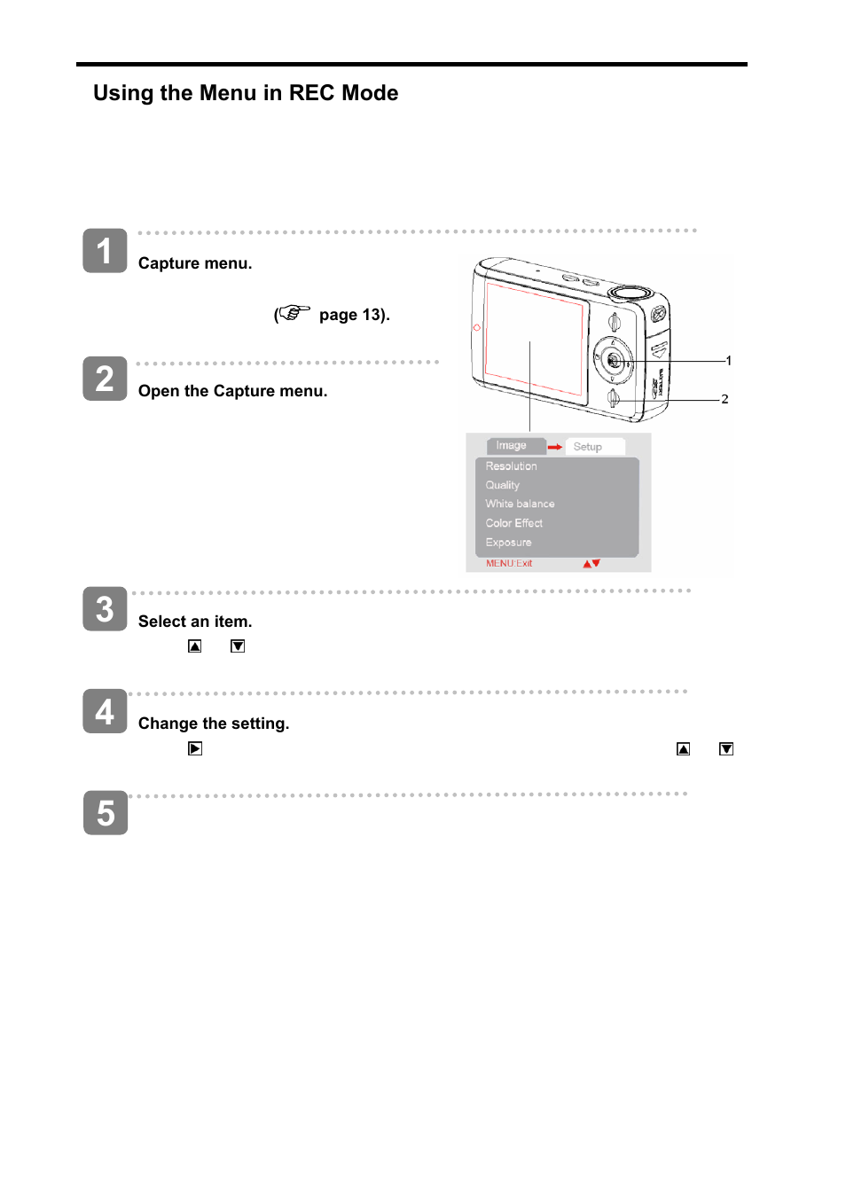 Using the menu in rec mode | AGFA sensor 500-X User Manual | Page 20 / 53