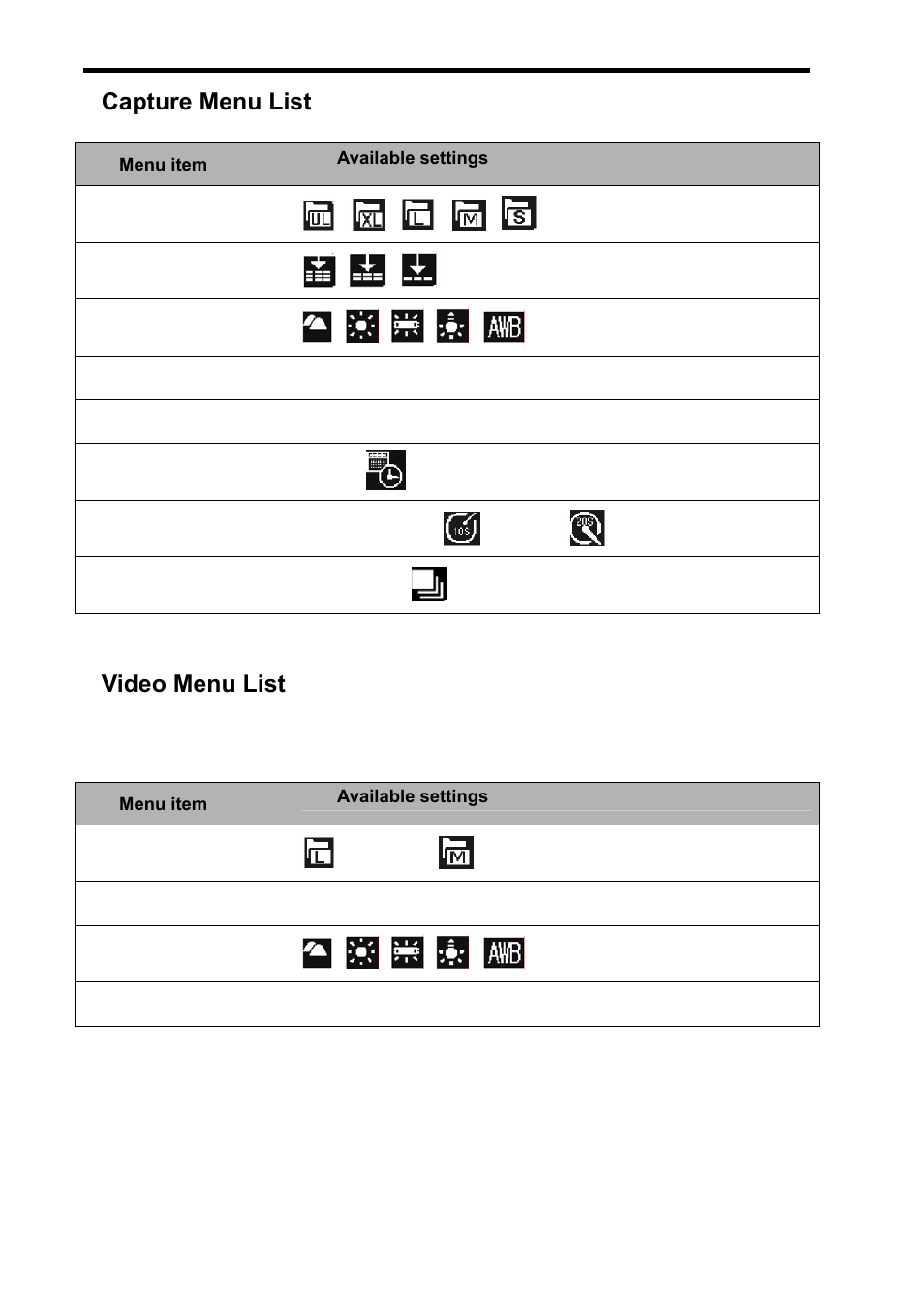 Capture menu list, Video menu list | AGFA sensor 500-X User Manual | Page 21 / 53