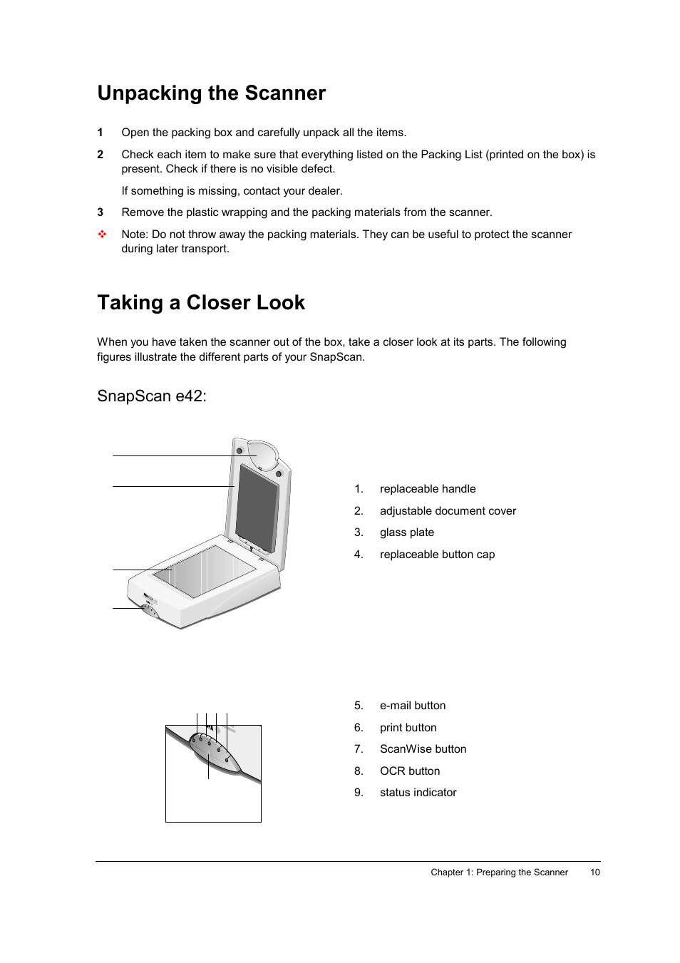 Unpacking the scanner, Taking a closer look, Snapscan e42 | AGFA SNAPSCAN E42 User Manual | Page 10 / 63