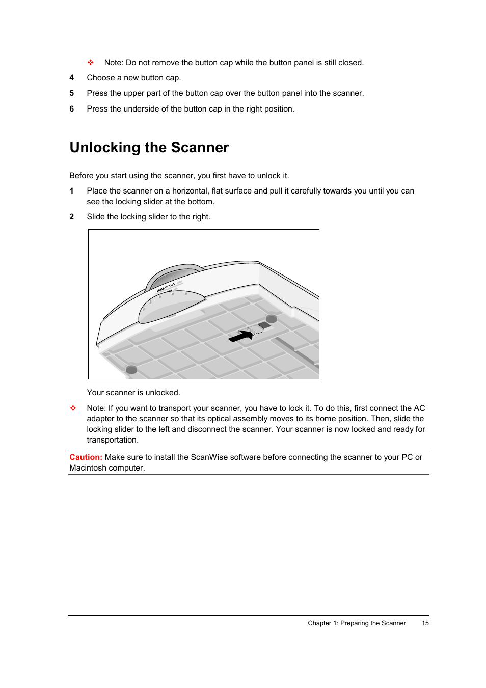 Unlocking the scanner | AGFA SNAPSCAN E42 User Manual | Page 15 / 63