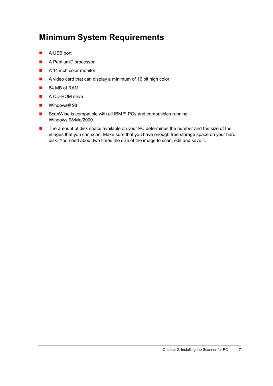 Minimum system requirements | AGFA SNAPSCAN E42 User Manual | Page 17 / 63