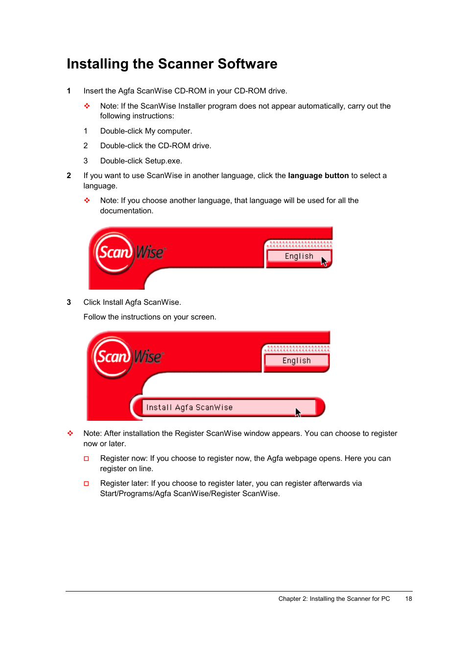 Installing the scanner software | AGFA SNAPSCAN E42 User Manual | Page 18 / 63