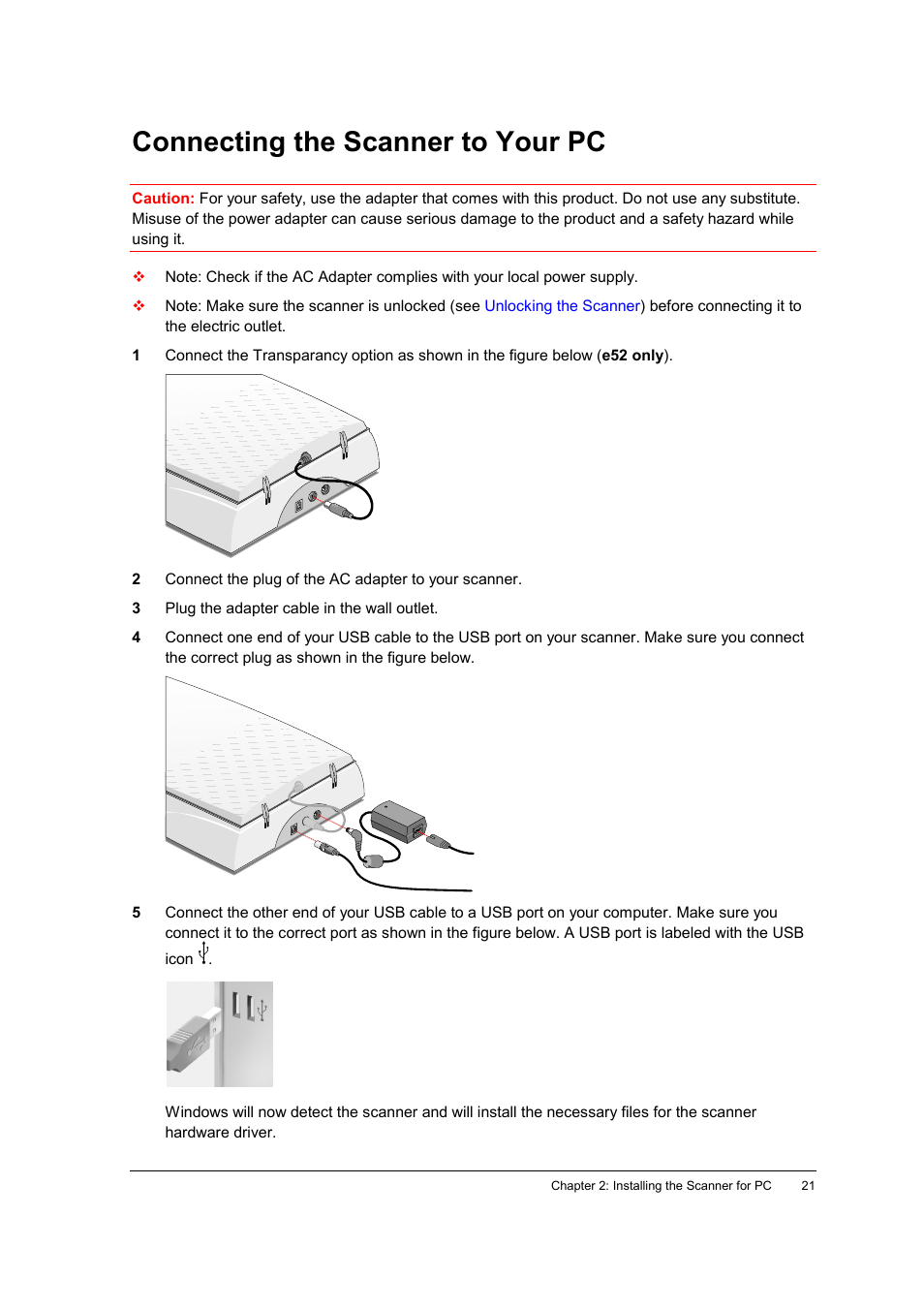Connecting the scanner to your pc | AGFA SNAPSCAN E42 User Manual | Page 21 / 63