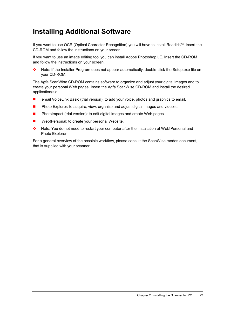 Installing additional software | AGFA SNAPSCAN E42 User Manual | Page 22 / 63