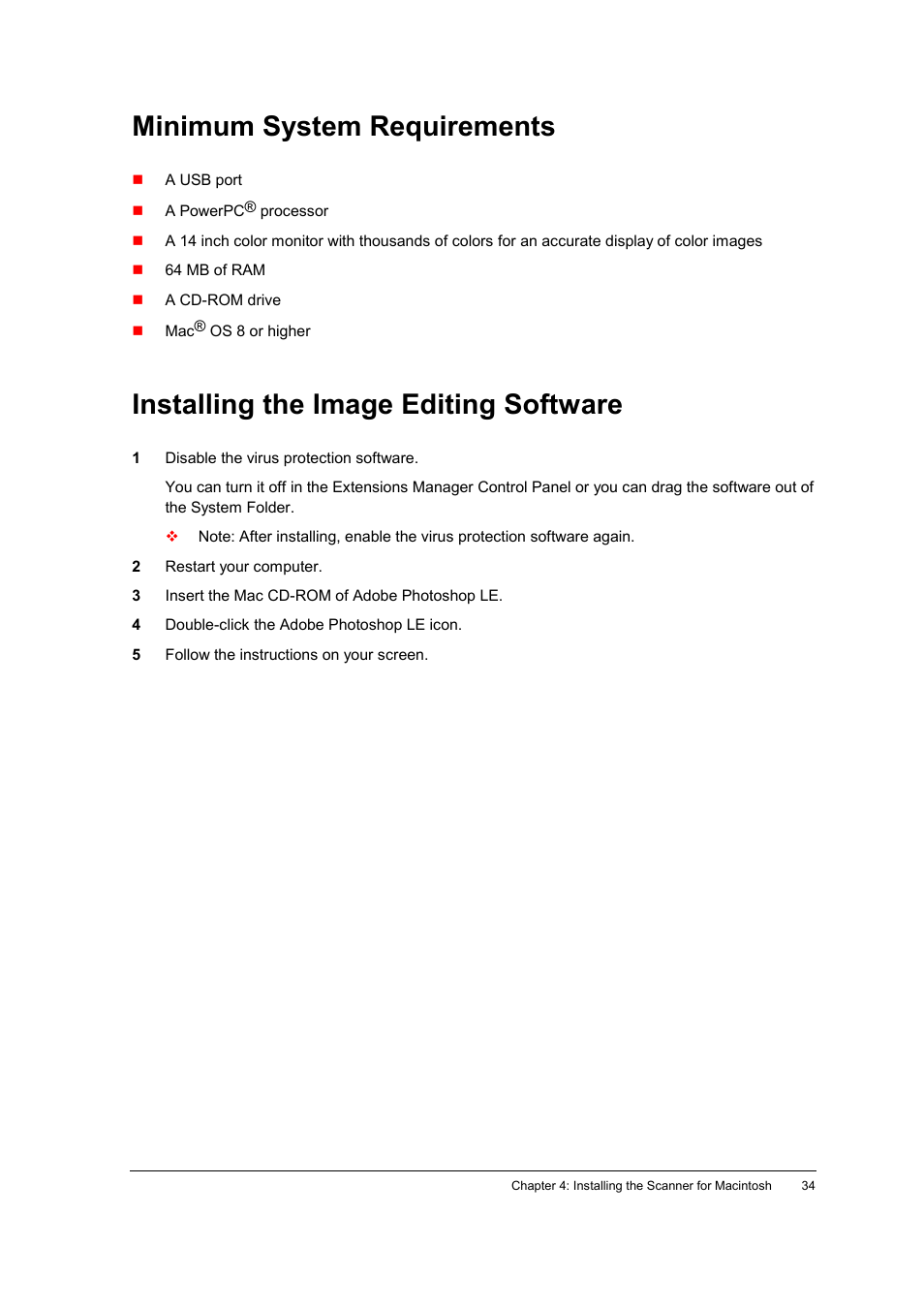 Minimum system requirements, Installing the image editing software | AGFA SNAPSCAN E42 User Manual | Page 34 / 63