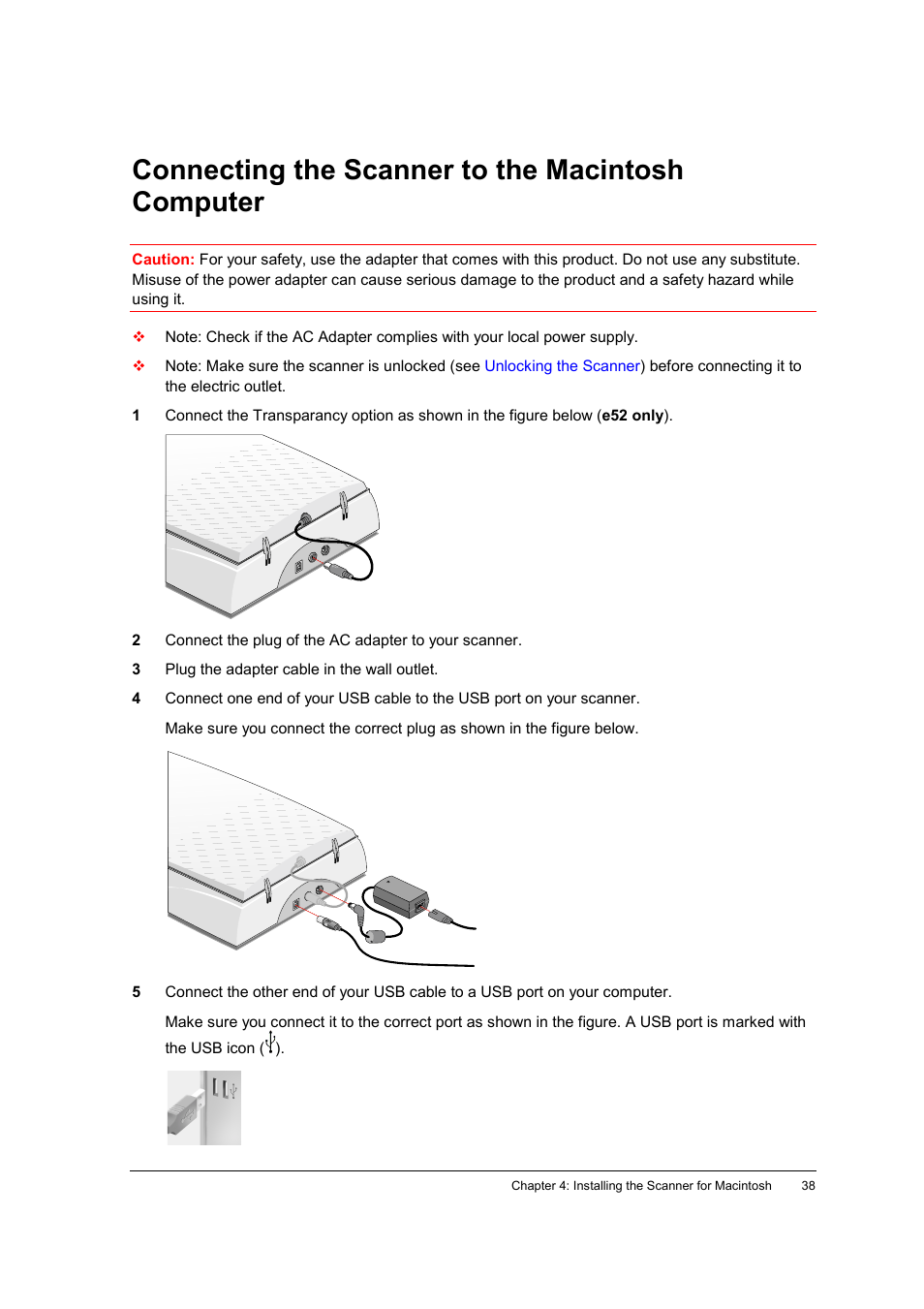 Connecting the scanner to the macintosh computer | AGFA SNAPSCAN E42 User Manual | Page 38 / 63