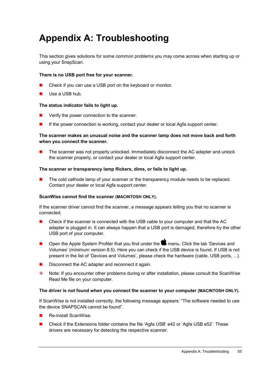 Appendix a: troubleshooting, There is no usb port free for your scanner, The status indicator fails to light up | Scanwise cannot find the scanner (macintosh only) | AGFA SNAPSCAN E42 User Manual | Page 55 / 63
