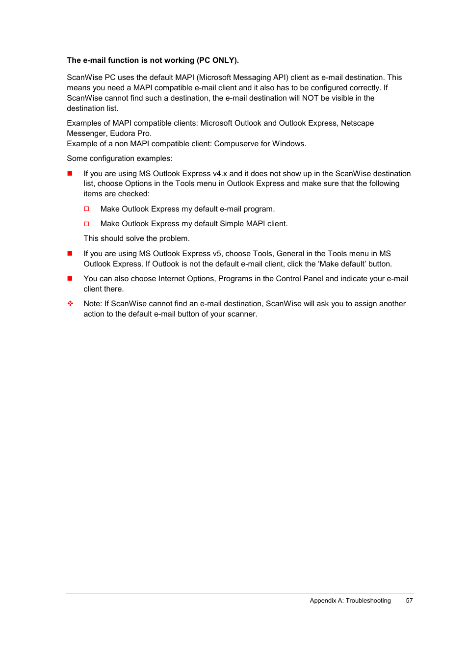 The e-mail function is not working (pc only) | AGFA SNAPSCAN E42 User Manual | Page 57 / 63