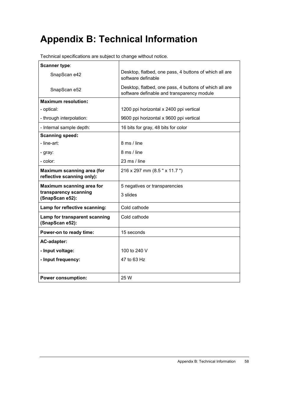 Appendix b: technical information | AGFA SNAPSCAN E42 User Manual | Page 58 / 63
