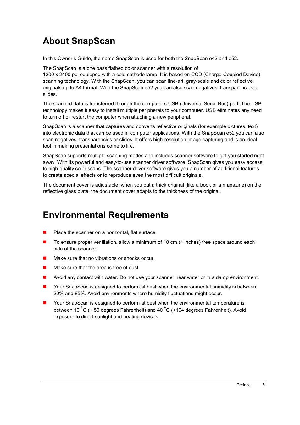 About snapscan, Environmental requirements | AGFA SNAPSCAN E42 User Manual | Page 6 / 63