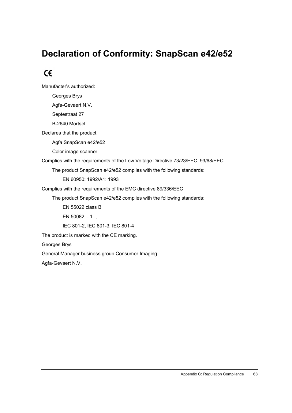 Declaration of conformity: snapscan e42/e52 | AGFA SNAPSCAN E42 User Manual | Page 63 / 63