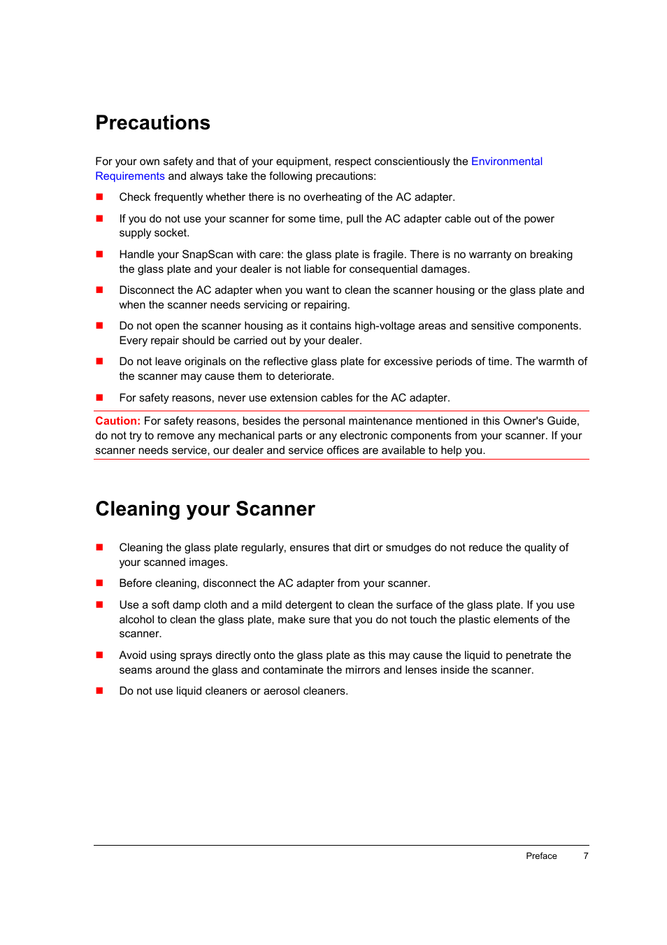 Precautions, Cleaning your scanner | AGFA SNAPSCAN E42 User Manual | Page 7 / 63