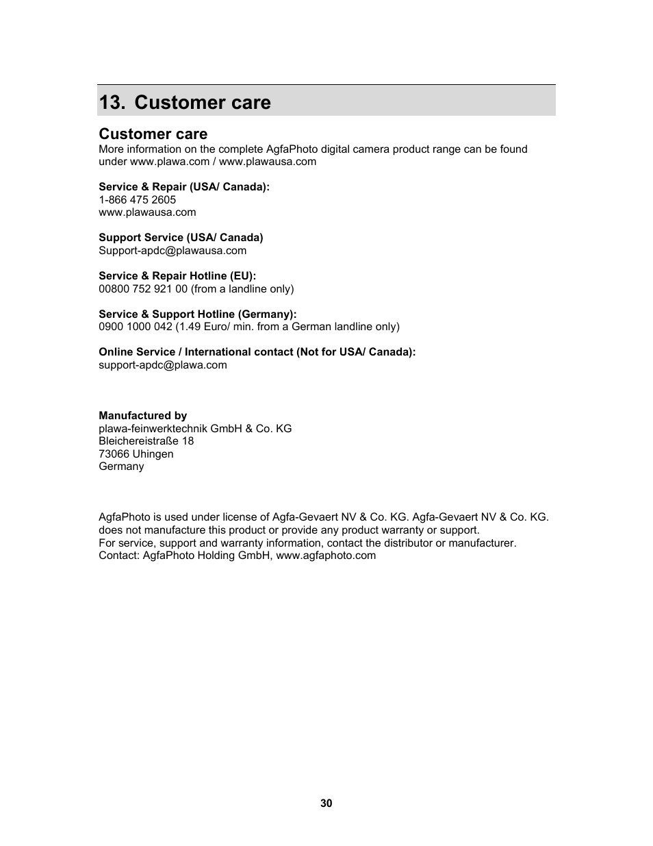 Customer care | AGFA AP Sensor 830 User Manual | Page 30 / 31