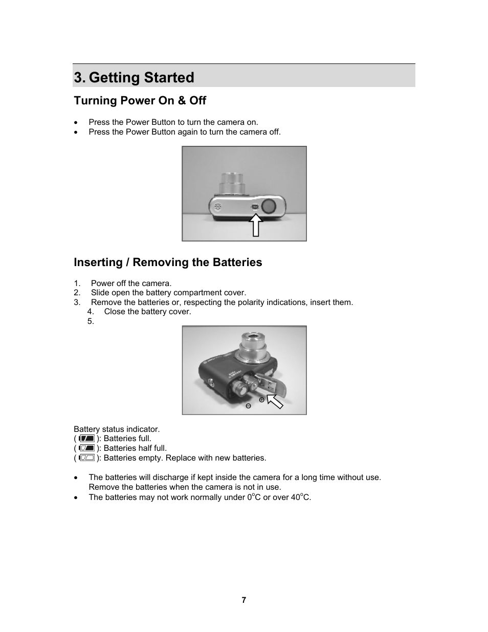 Getting started, Turning power on & off, Inserting / removing the batteries | AGFA AP Sensor 830 User Manual | Page 7 / 31