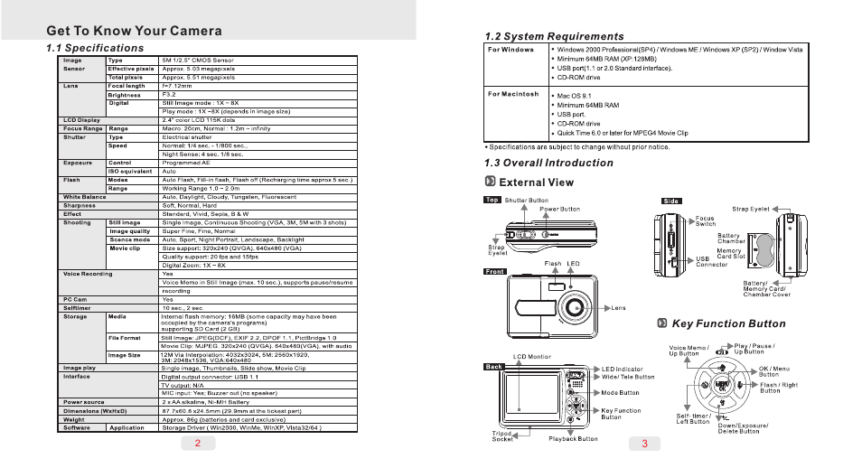 Get to know your camera, 1 specifications, 2 system requirements | 3 overall introduction s) external view, Si key function button, 3 overall introduction, External view, Key function button | AGFA DC-504 User Manual | Page 3 / 11
