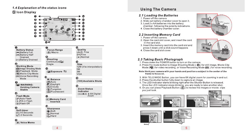 4 explanation of the status icons (s icon display, 1 loading the batteries, 2 inserting memory card | AGFA DC-504 User Manual | Page 4 / 11