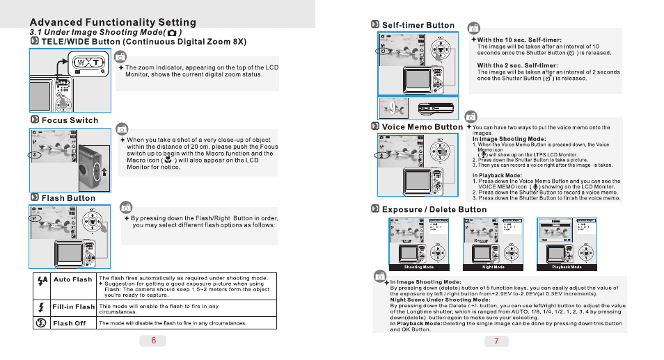 Advanced functionality setting, 1 under image shooting mode(q ), Is tele/wide button (continuous digital zoom 8x) | Q) focus switch, Is self-timer button, Is exposure / delete button | AGFA DC-504 User Manual | Page 5 / 11