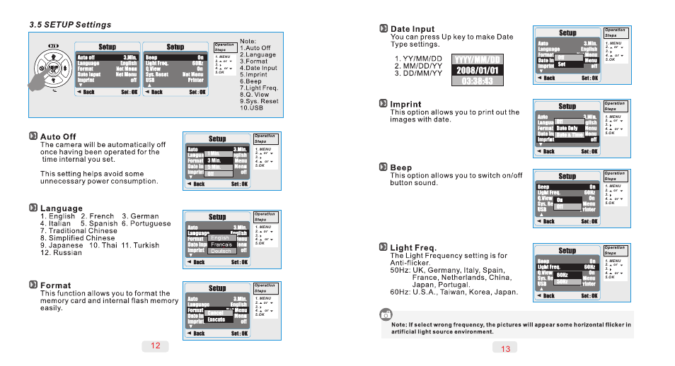 5 setup settings, Is auto off, Is language | Is format, Is date input, Is light freq, Is imprint, Is beep, 3843 is, Auto off | AGFA DC-504 User Manual | Page 8 / 11