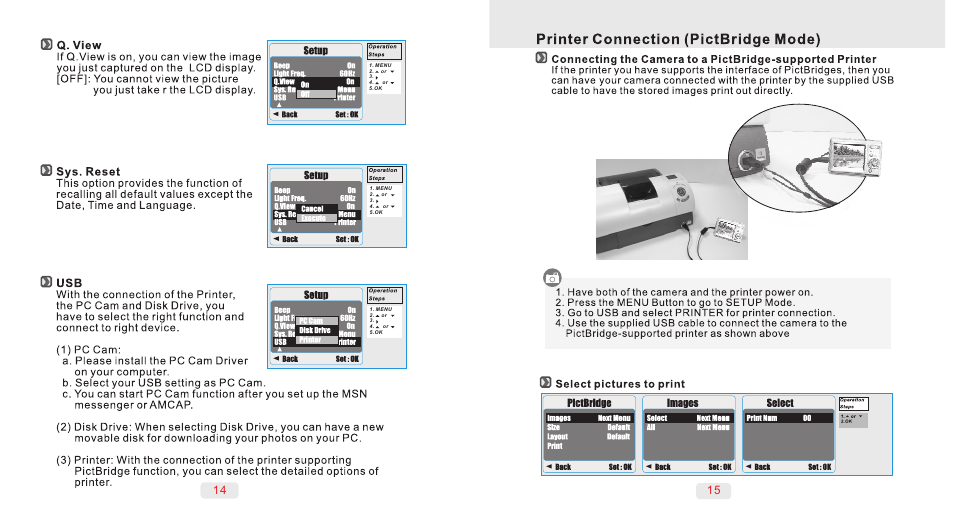 Q) q. view, Q) sys. reset, M usb | Printer connection (pictbridge mode), Printer connection (pictbridge mode) is, Setup, Bml sm:0i q) sys. reset, Baek sm:h, Select pictures to print | AGFA DC-504 User Manual | Page 9 / 11