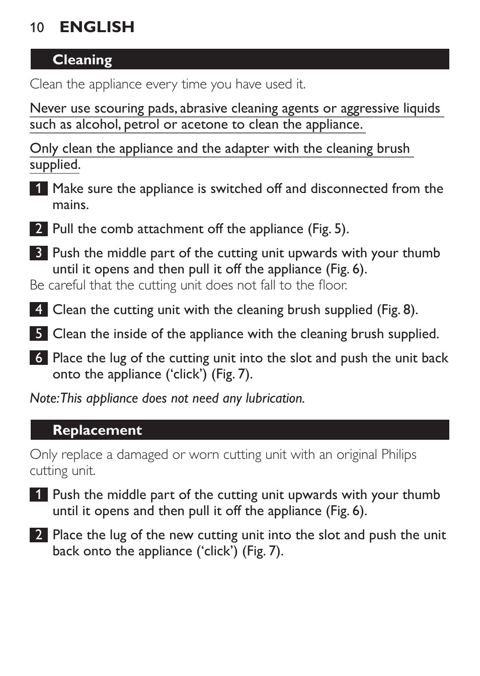 Cleaning, Replacement | Philips HAIRCLIPPER Series 1000 Cortapelos User Manual | Page 10 / 94