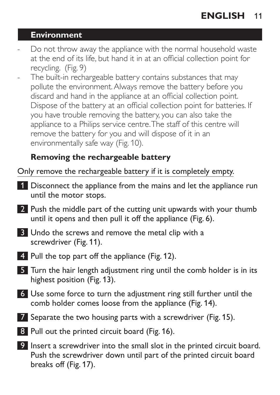 Removing the rechargeable battery, Environment | Philips HAIRCLIPPER Series 1000 Cortapelos User Manual | Page 11 / 94