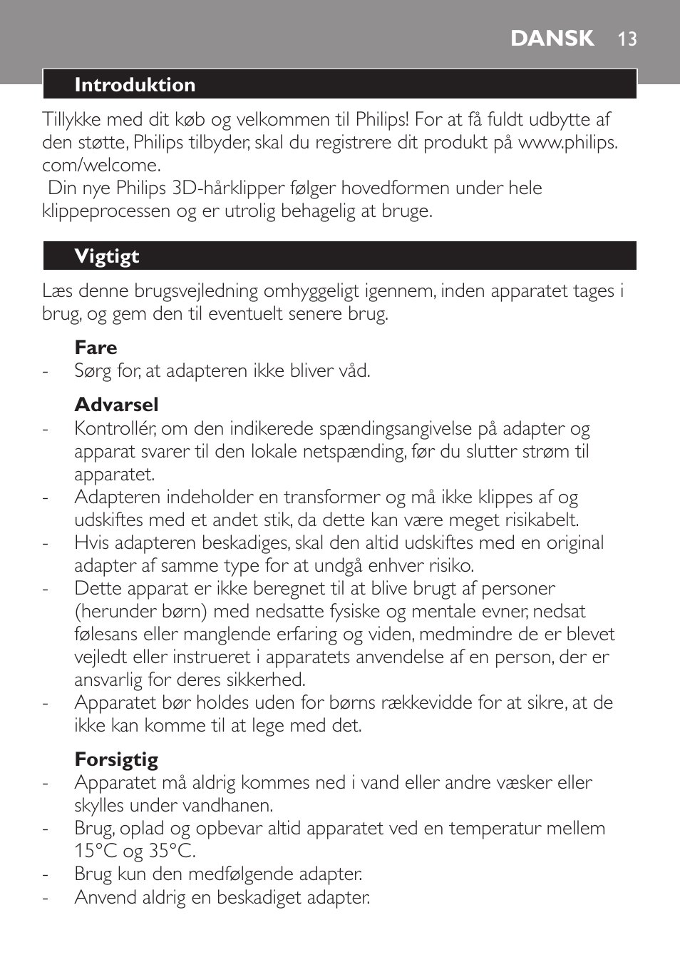 Fare, Advarsel, Forsigtig | Dansk, Introduktion, Vigtigt | Philips HAIRCLIPPER Series 1000 Cortapelos User Manual | Page 13 / 94