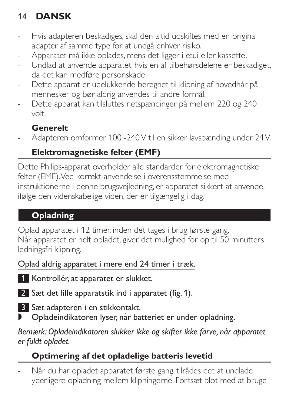 Generelt, Elektromagnetiske felter (emf), Opladning | Optimering af det opladelige batteris levetid | Philips HAIRCLIPPER Series 1000 Cortapelos User Manual | Page 14 / 94