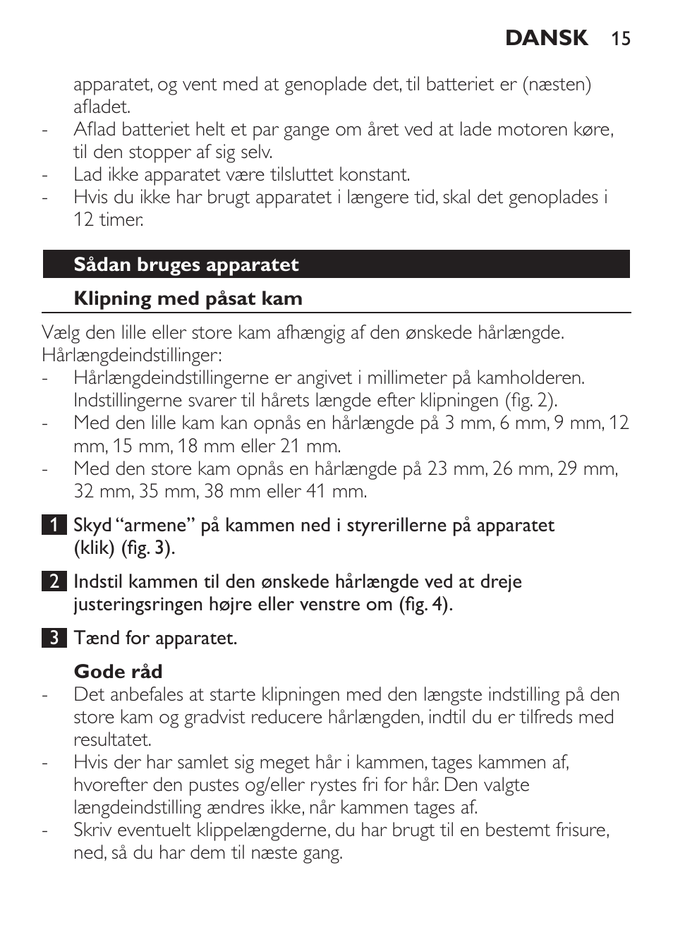 Sådan bruges apparatet, Klipning med påsat kam, Gode råd | Philips HAIRCLIPPER Series 1000 Cortapelos User Manual | Page 15 / 94