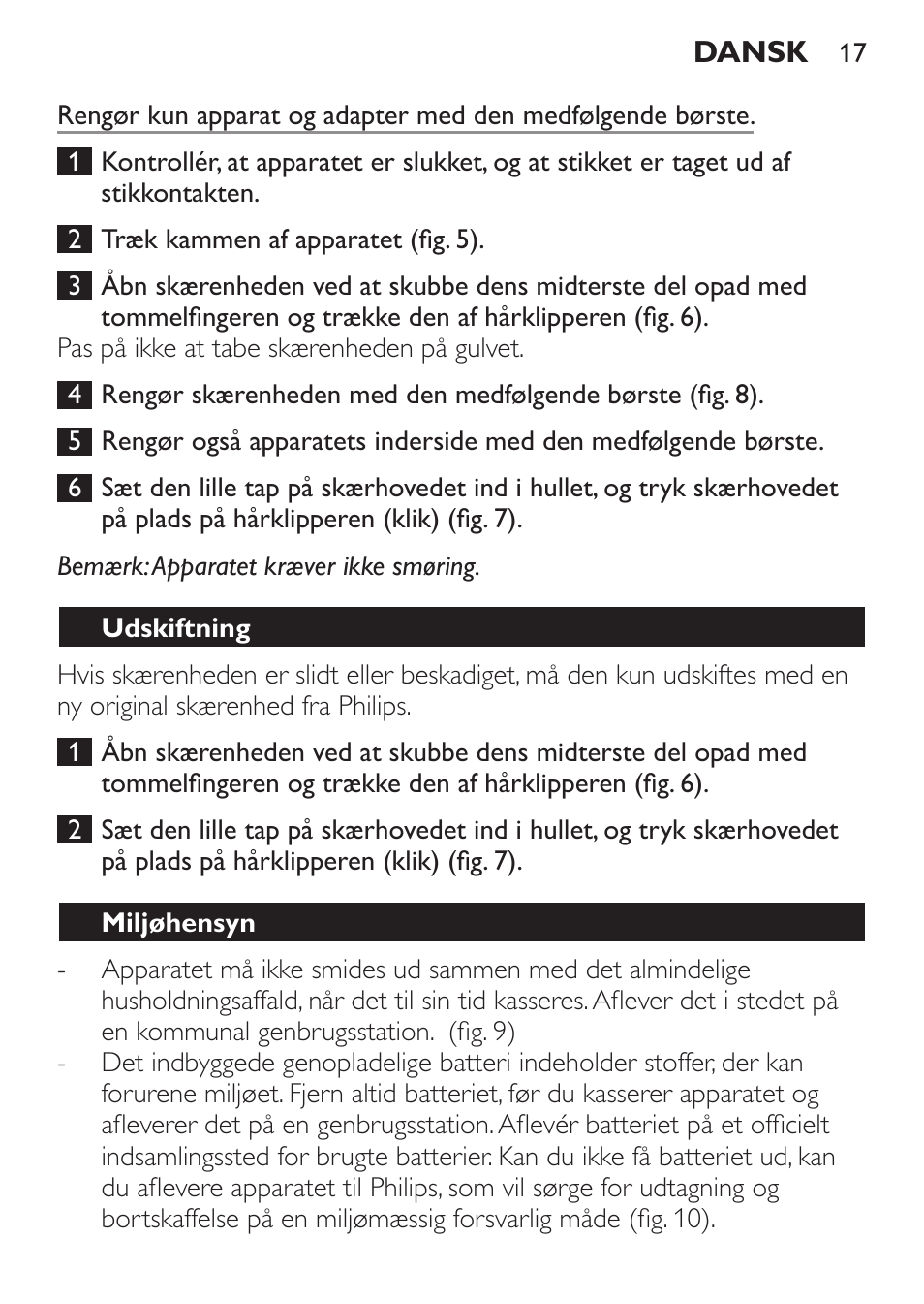 Udskiftning, Miljøhensyn | Philips HAIRCLIPPER Series 1000 Cortapelos User Manual | Page 17 / 94