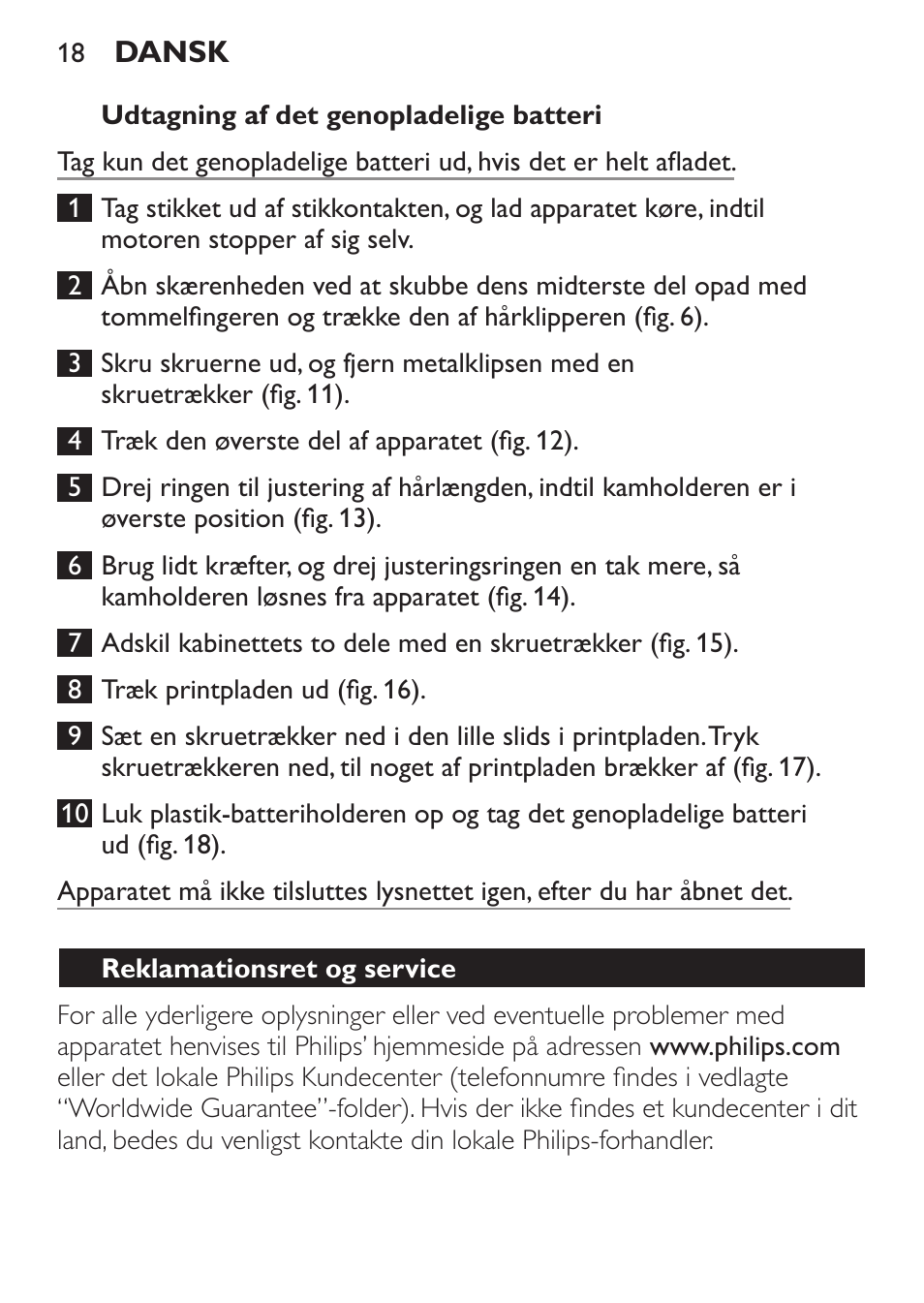 Udtagning af det genopladelige batteri, Reklamationsret og service | Philips HAIRCLIPPER Series 1000 Cortapelos User Manual | Page 18 / 94