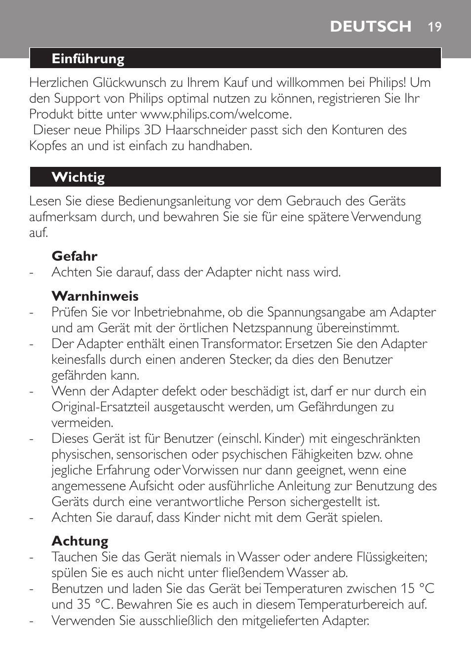 Gefahr, Warnhinweis, Achtung | Deutsch, Einführung, Wichtig | Philips HAIRCLIPPER Series 1000 Cortapelos User Manual | Page 19 / 94