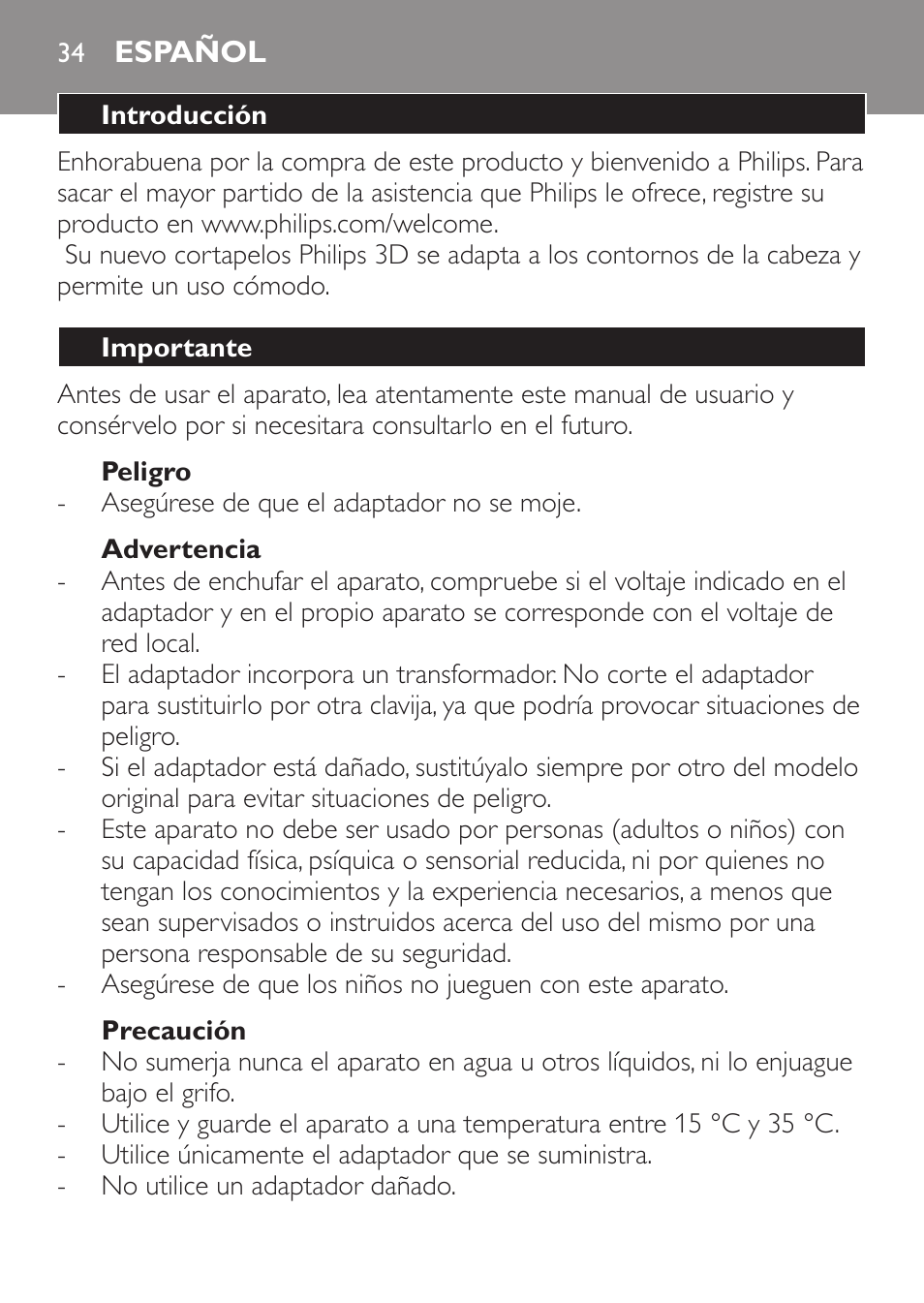 Peligro, Advertencia, Precaución | Español, Introducción, Importante | Philips HAIRCLIPPER Series 1000 Cortapelos User Manual | Page 34 / 94