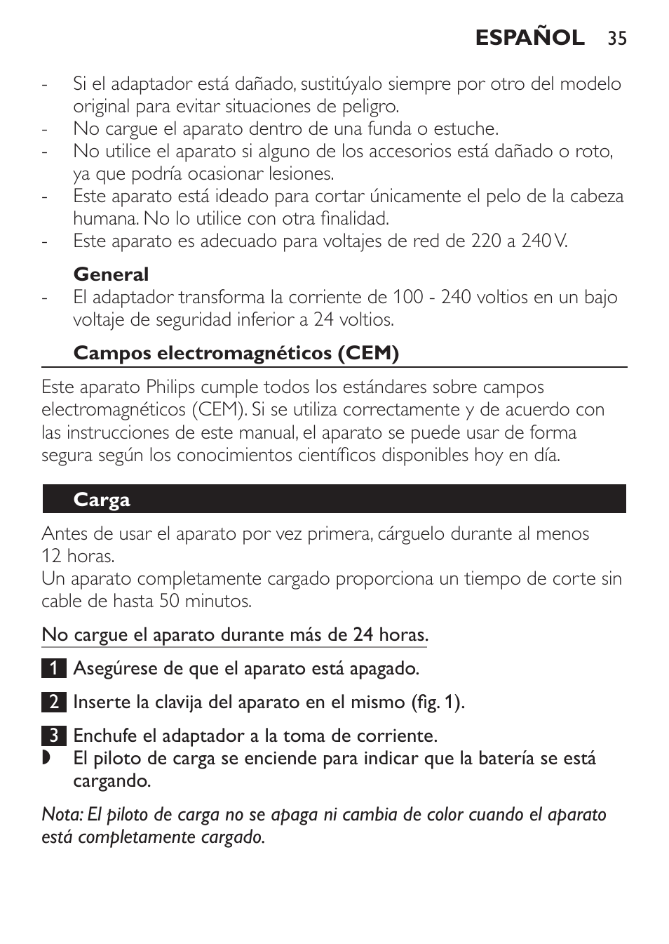 General, Campos electromagnéticos (cem), Carga | Philips HAIRCLIPPER Series 1000 Cortapelos User Manual | Page 35 / 94